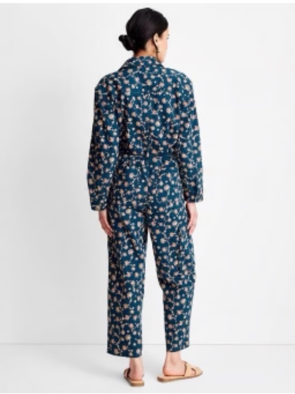 Boilersuit / Jumpsuit w/ Rope Drawstring, 7 Pockets ~ Teal w/ Small Pink Flowers - Picture 3 of 11